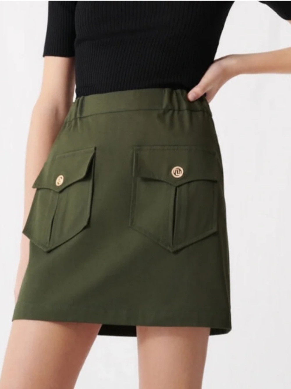 NWT Maje Mini Skirt Sz 36 US 4 Green Elastic Waist Stretch Preppy Cotton
